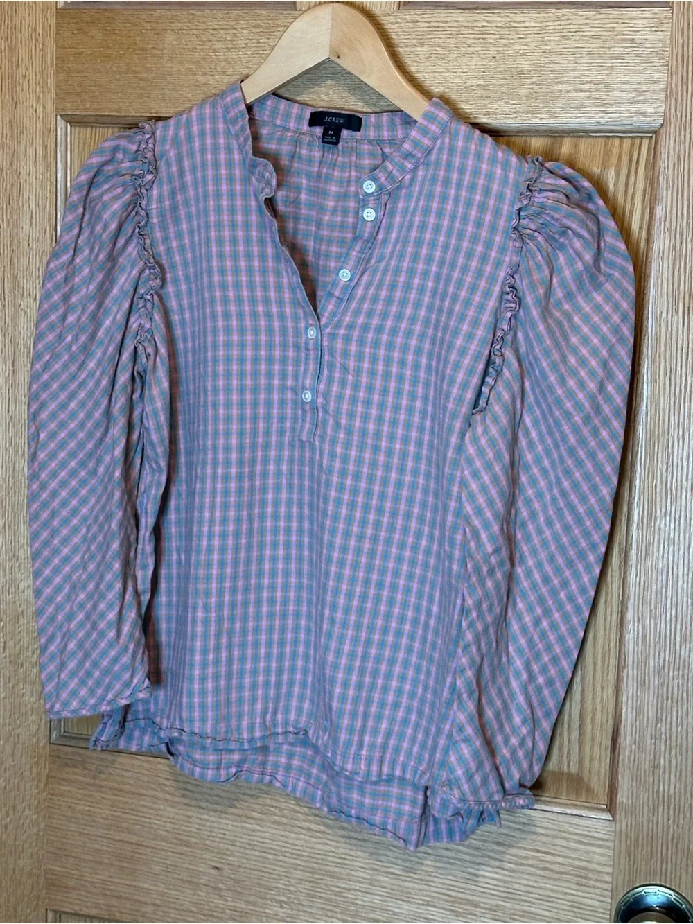 J.crew Puff-sleeve top in field check flannel pink & green size medium